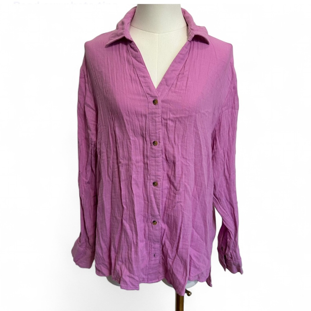 100% Cotton Pink Oversized Women's Long Sleeve Button Down Top - Small